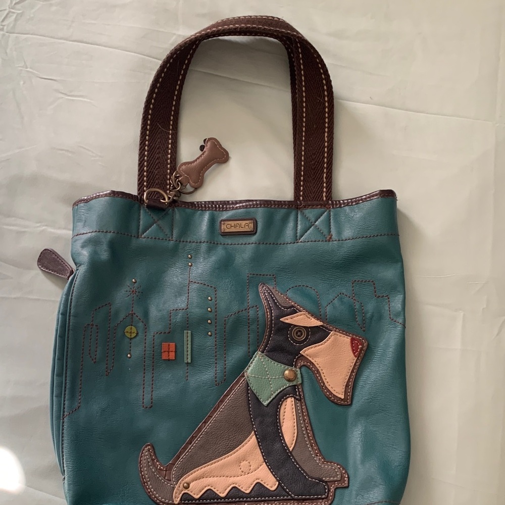 Chala Teal and Brown Dog Appliqué Tote